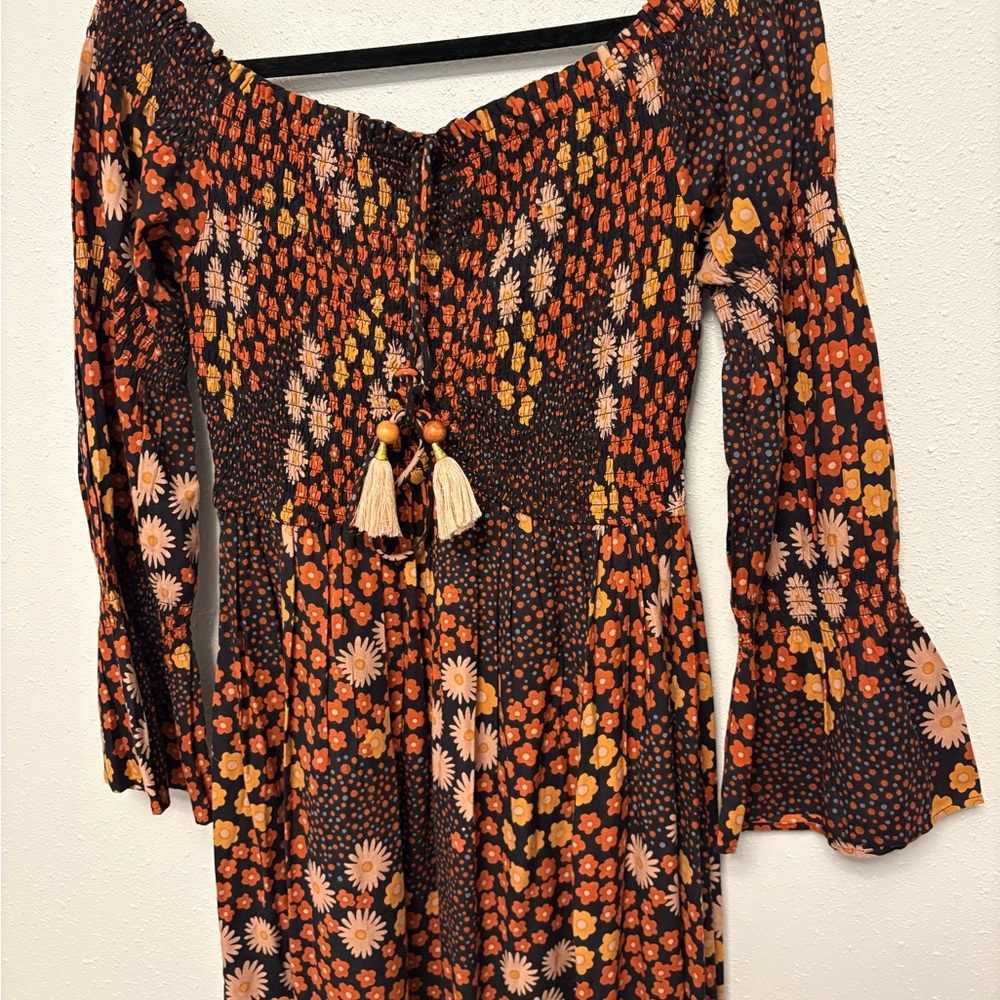 Smocked Off-Shoulder Floral Maxi Dress in Black and Orange